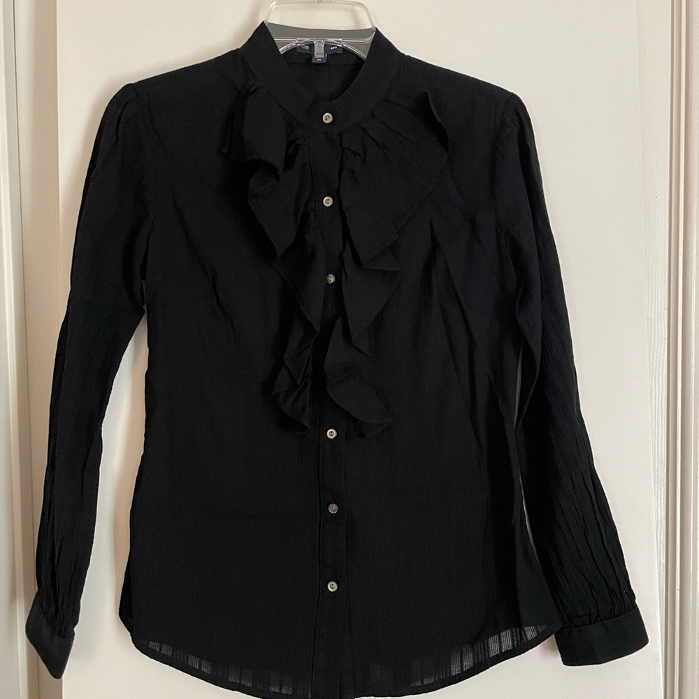 GAP Black Crepe Cotton Long Sleeve Button Up Shirt -Ruffled NWOT